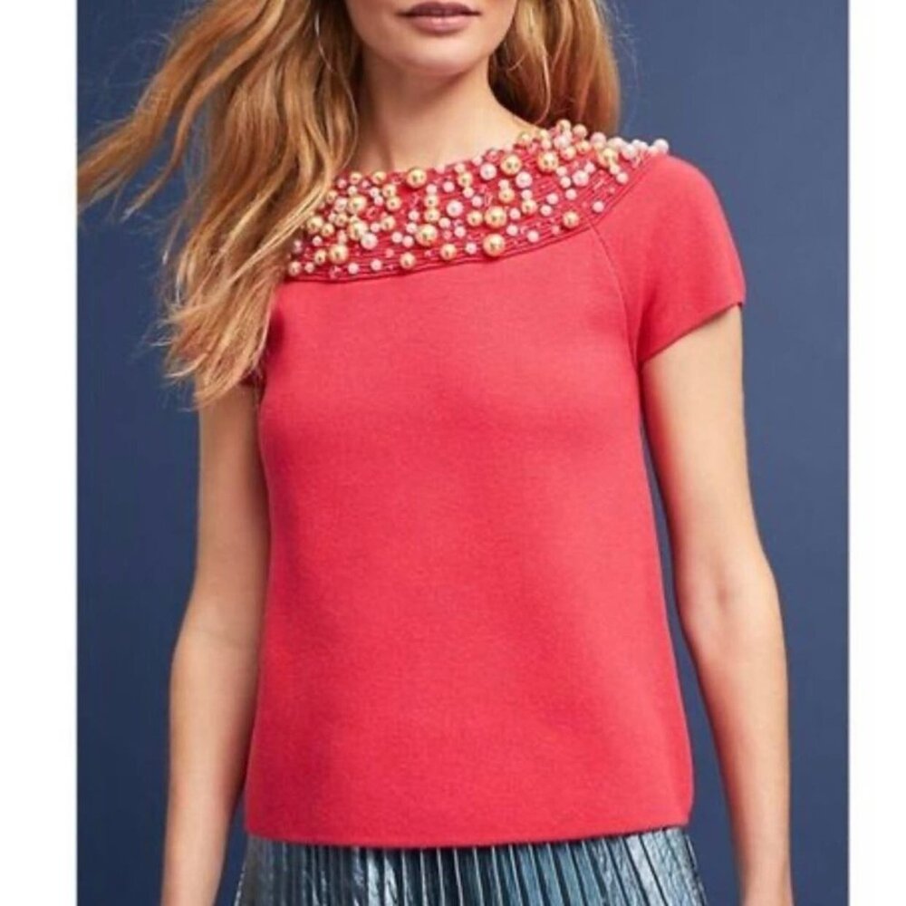 Anthropologie Moth "Brienne" Red Pearl Embellished Short Sleeve Holiday Sweater